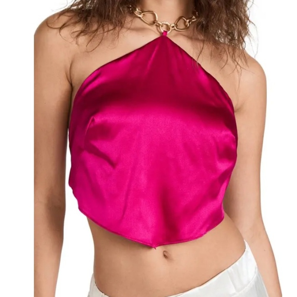 cult gaia Hot Pink Satin Halter Crop Top with Chain Detail